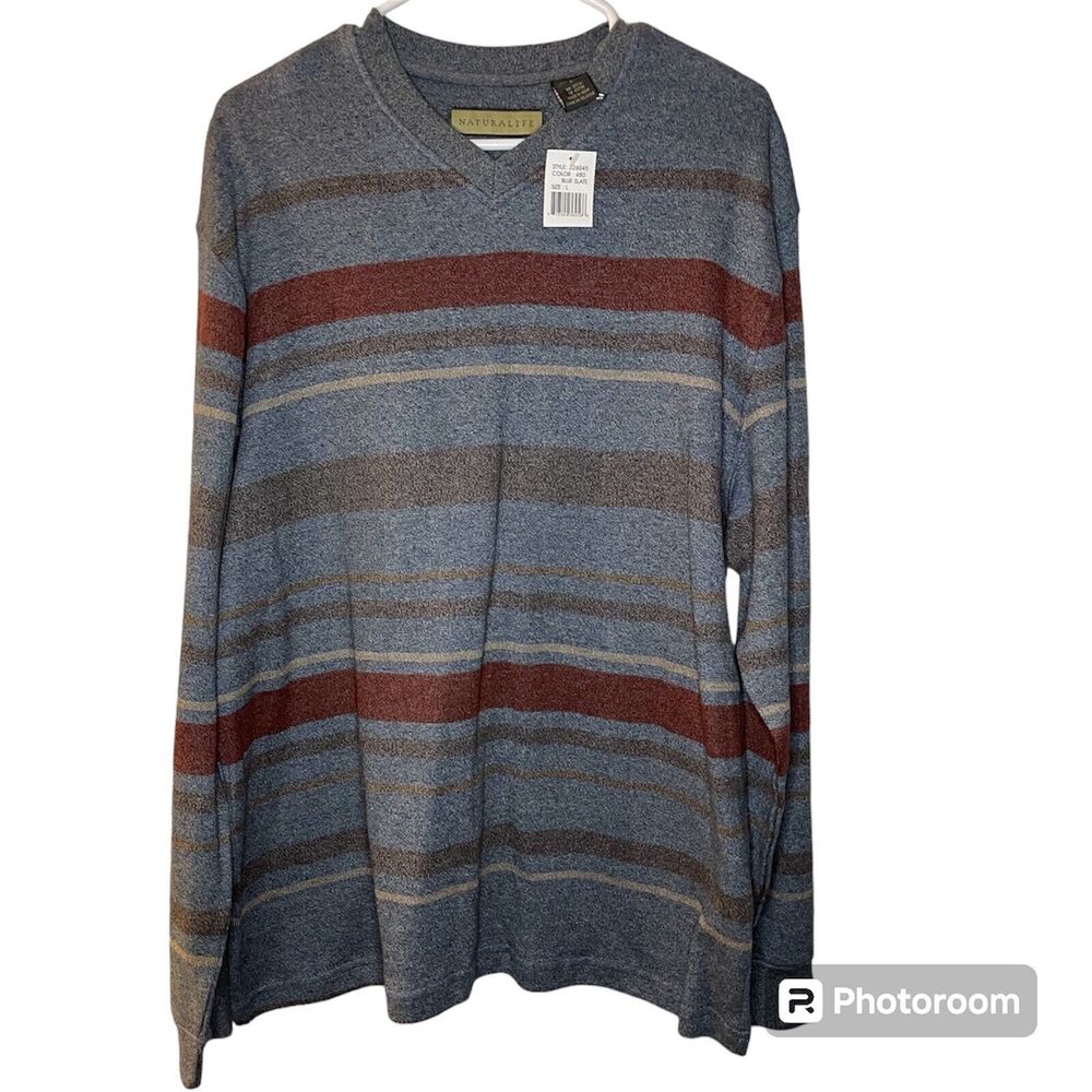 Naturalife Men's 100% Cotton Long Sleeve V Neck Pullover Sweater L NWT Blue